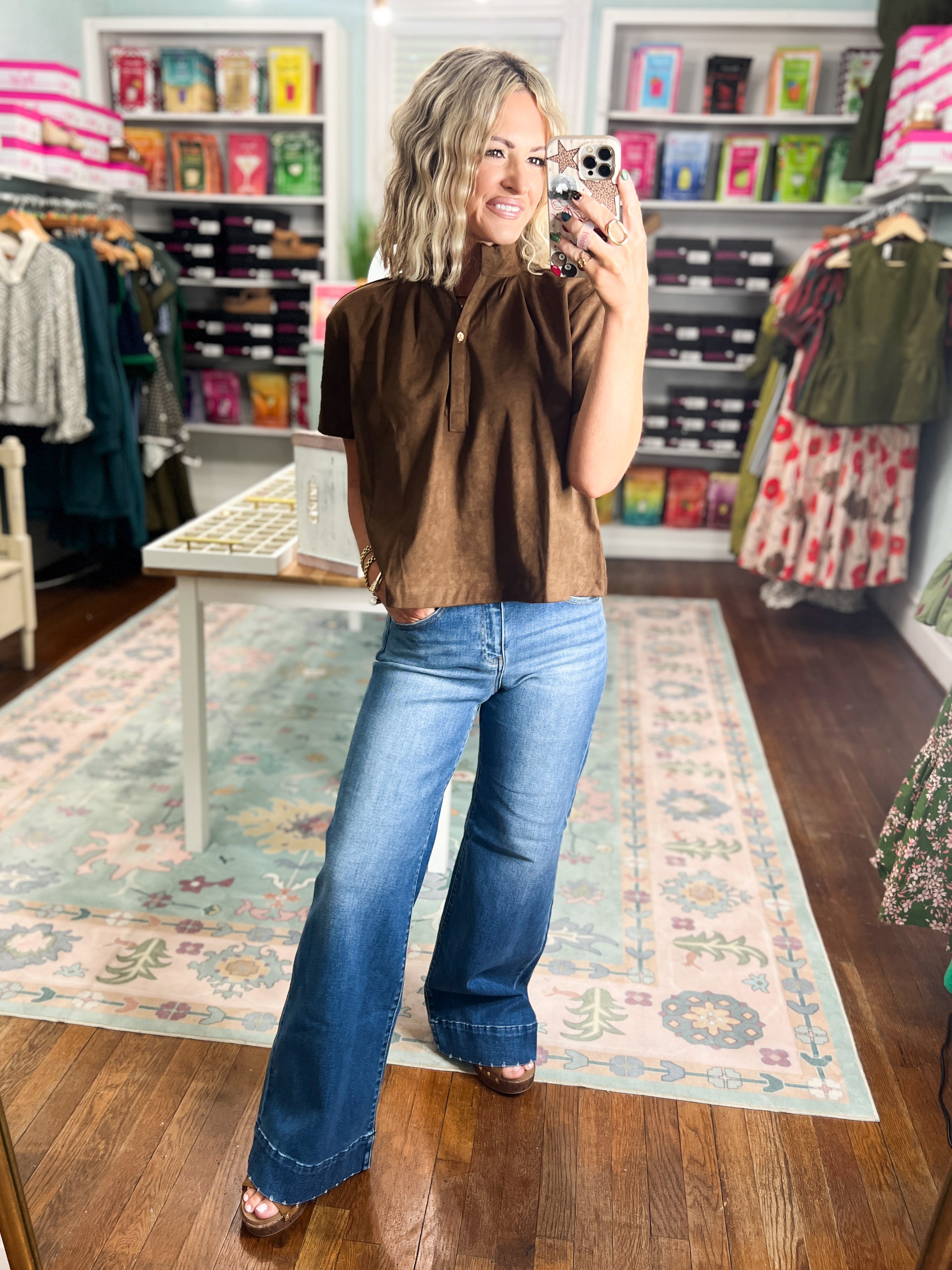 Gentle Ways Stand Collar Top - Brown