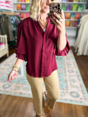 Visions of You  Balloon Sleeve Blouse - Burgundy