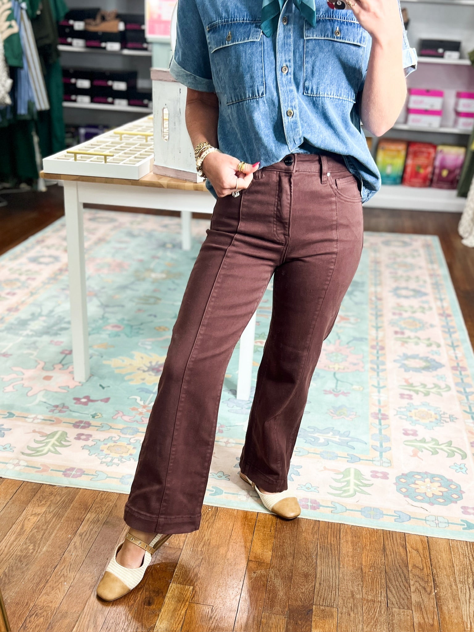 Risen| Tummy Control High Rise Crop Wide Pants - Choco Brown