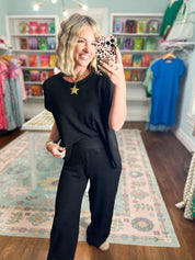 All Day Ease Ribbed Top and Pants Set - Black