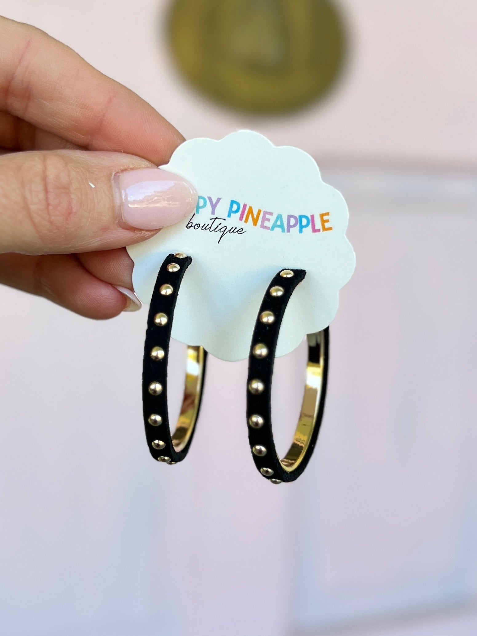 Metal Studded Leather Lined Hoops - Black
