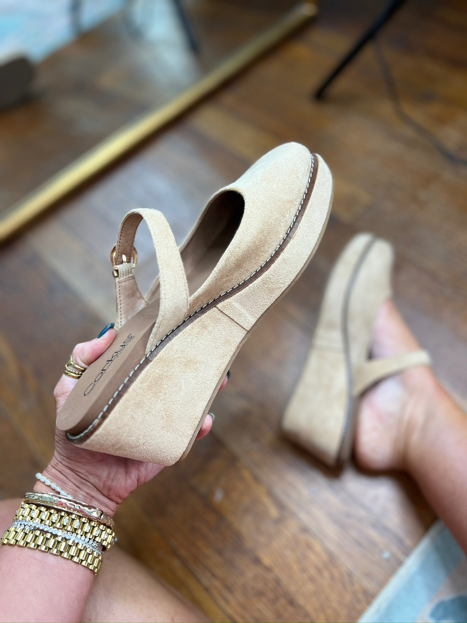 Camel faux suede mule with wide open collar and padded footbed