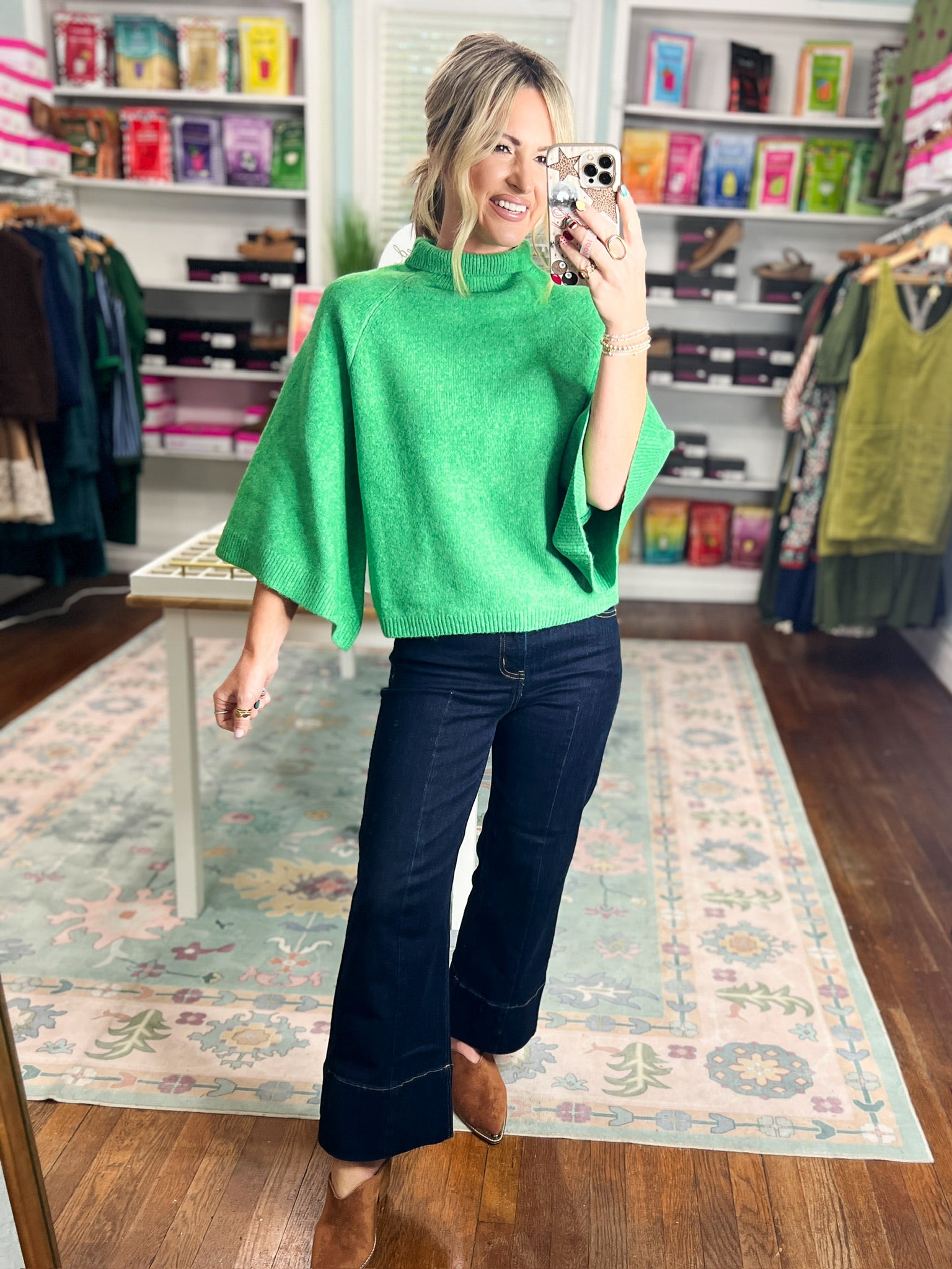 Emerald mock neck knit sweater with loose fit and short sleeves