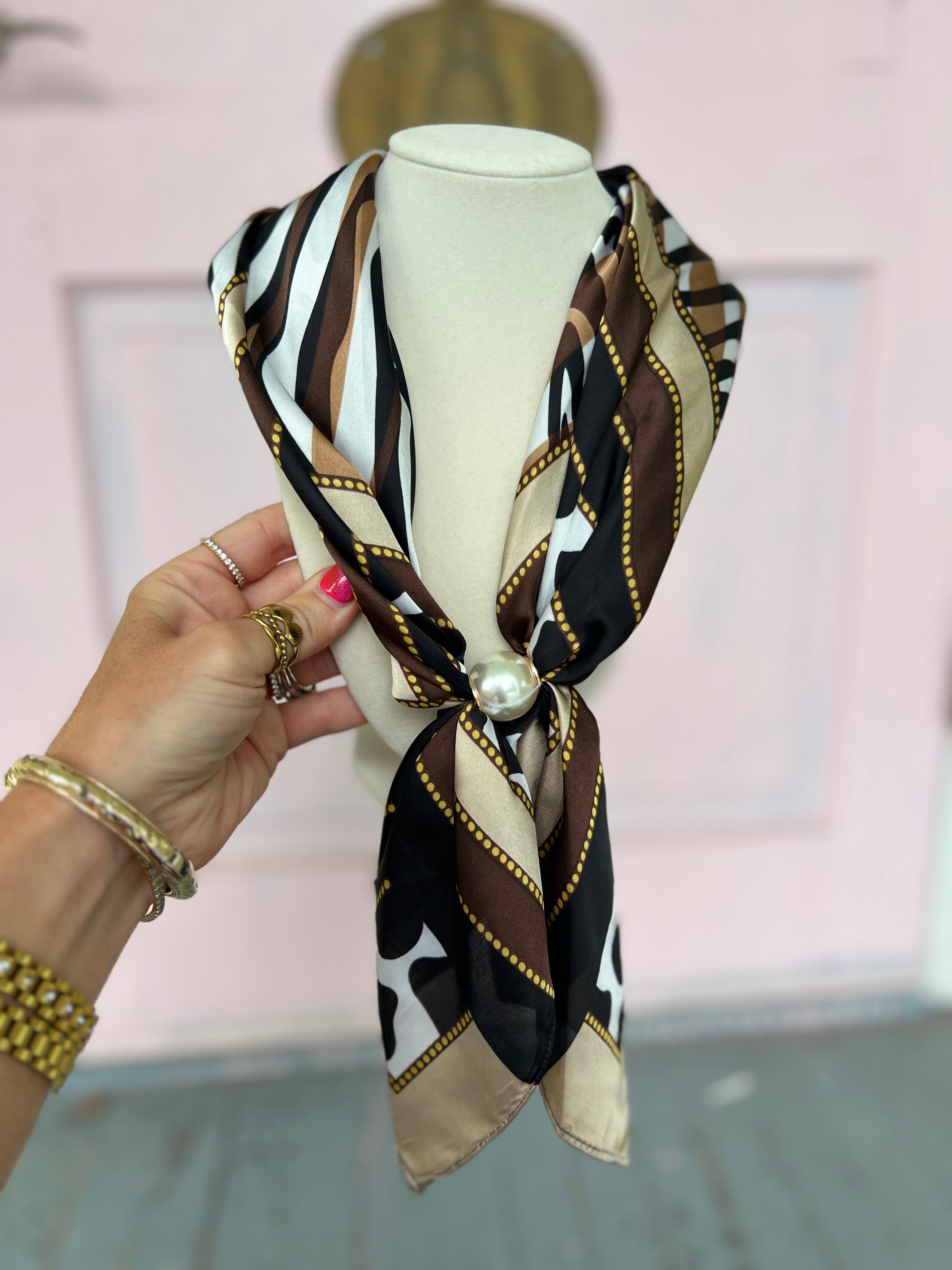 Pearl Scarf Necklace - Brown/Taupe/Black Zebra