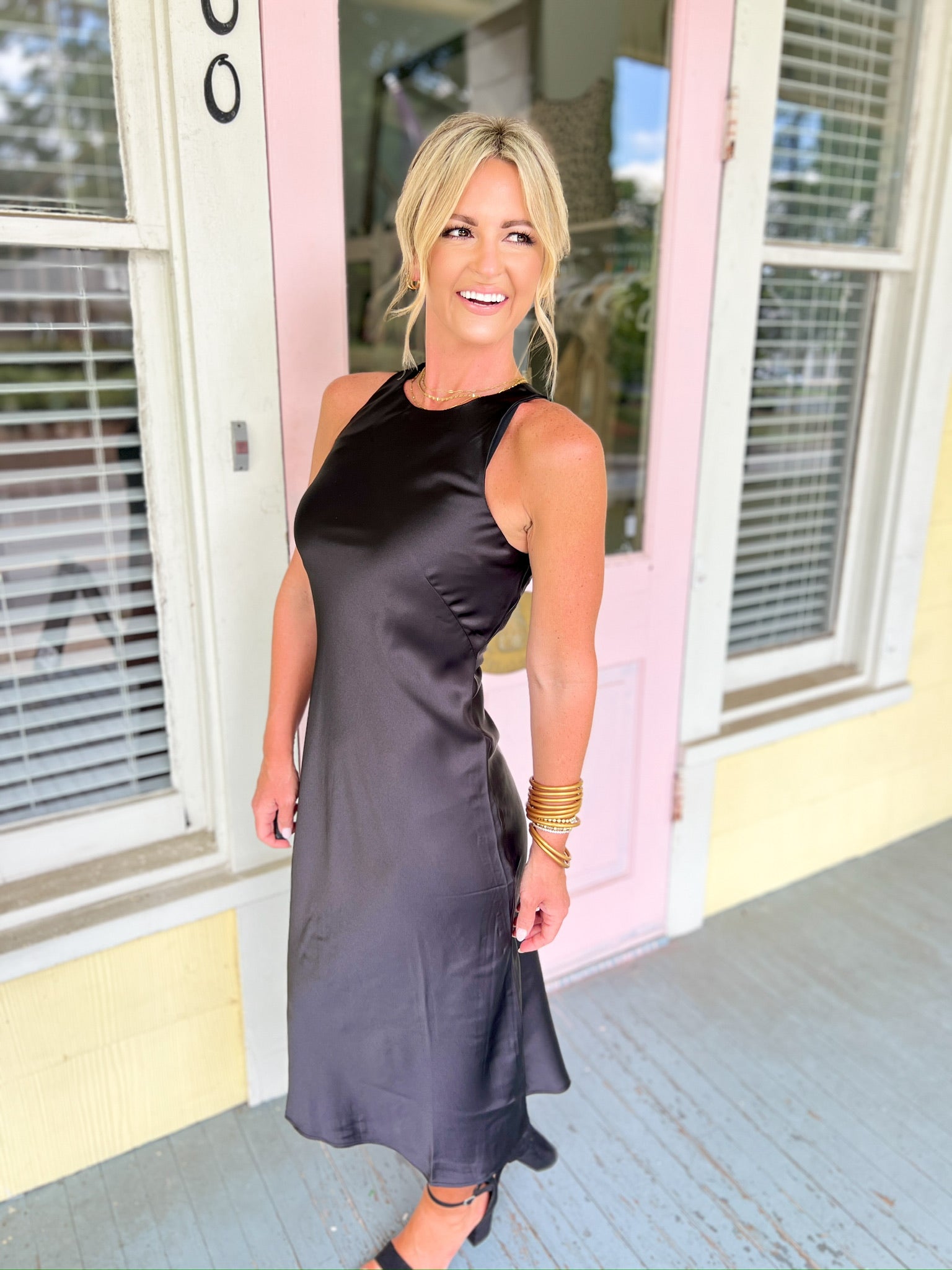 Glamorous Moments Satin Midi Dress - Black