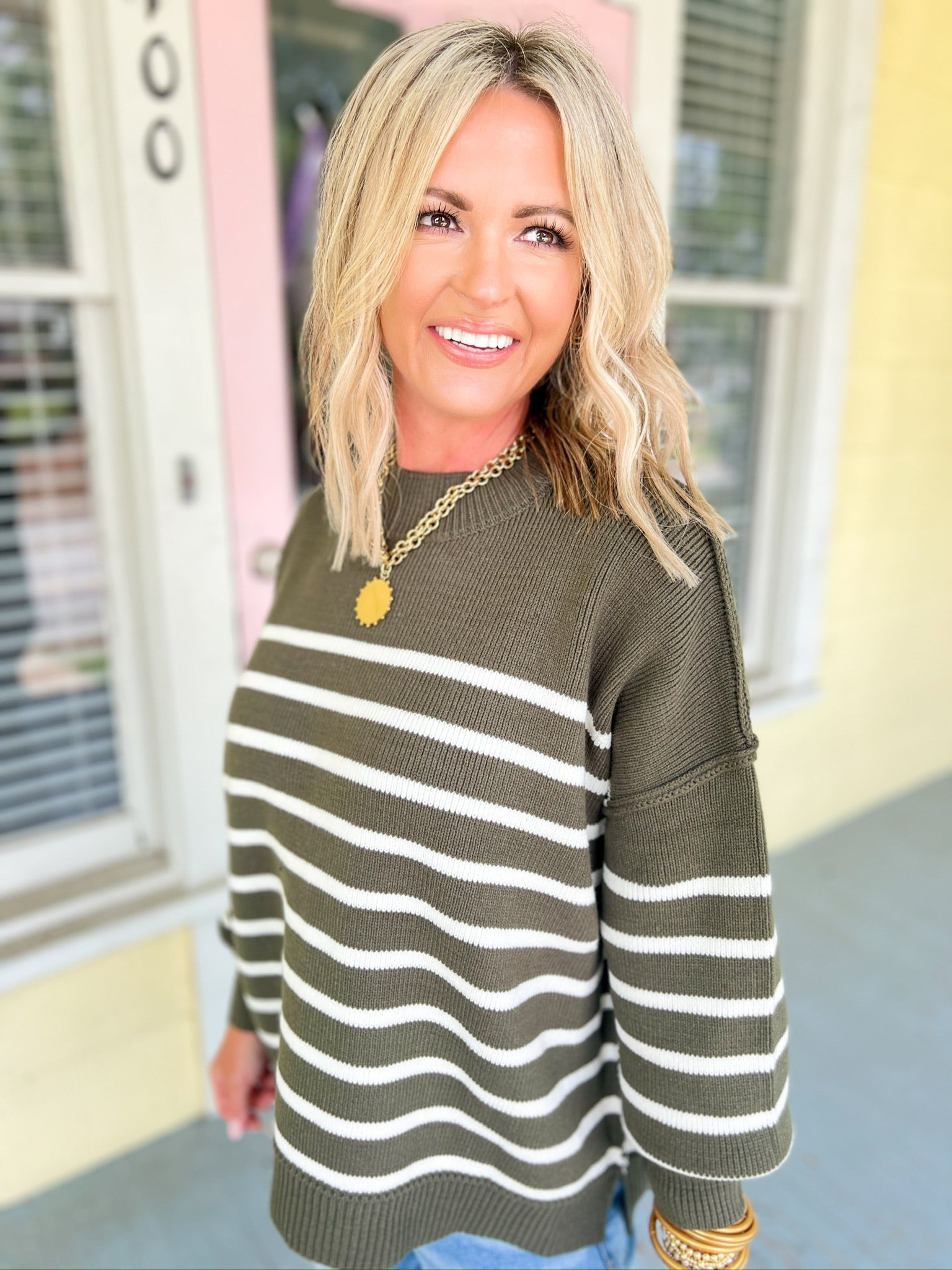 Sucker For You Striped Sweater - Dk. Olive