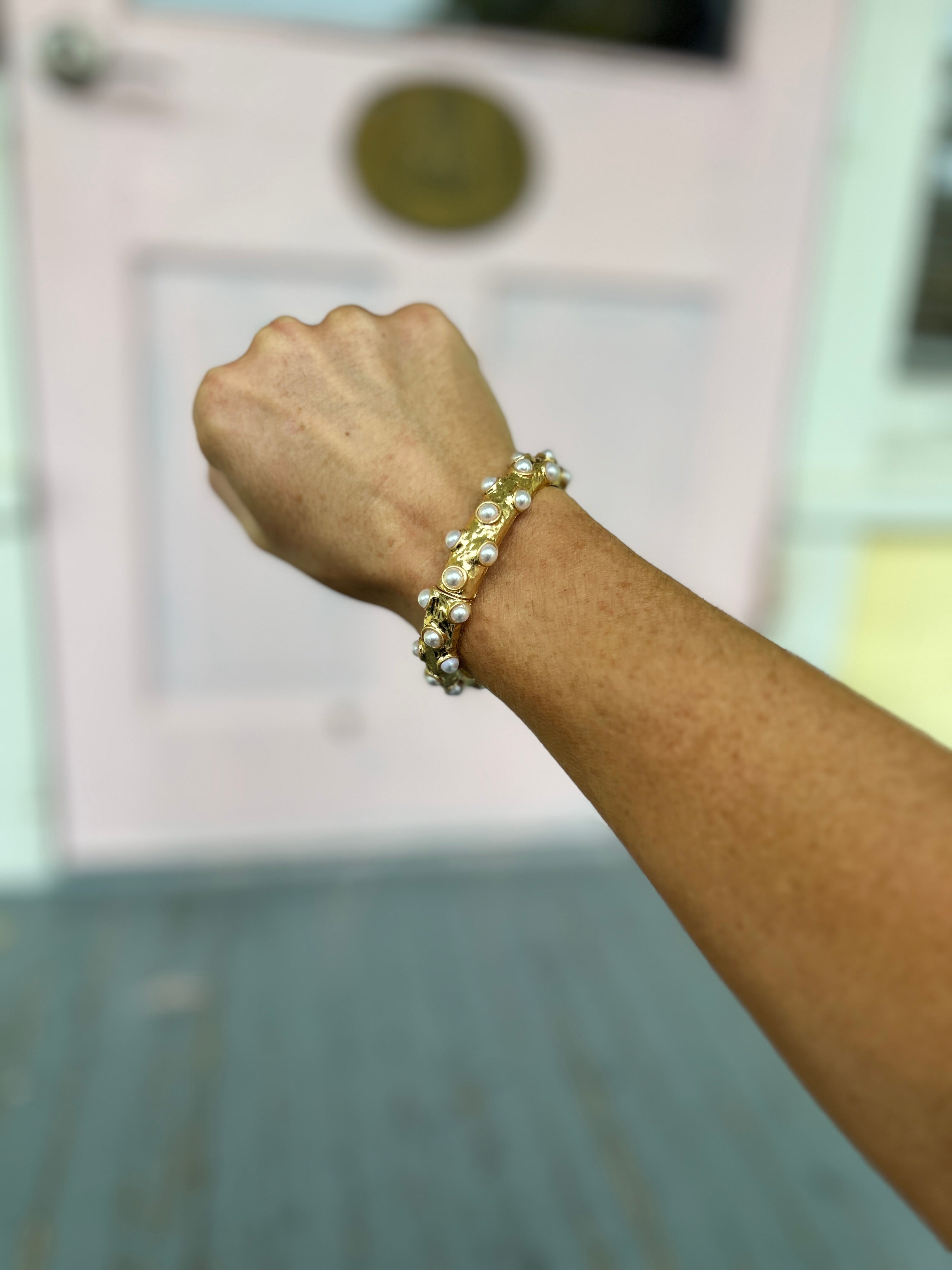 Pave Round Pearl Bangle Bracelet - Vintage Gold