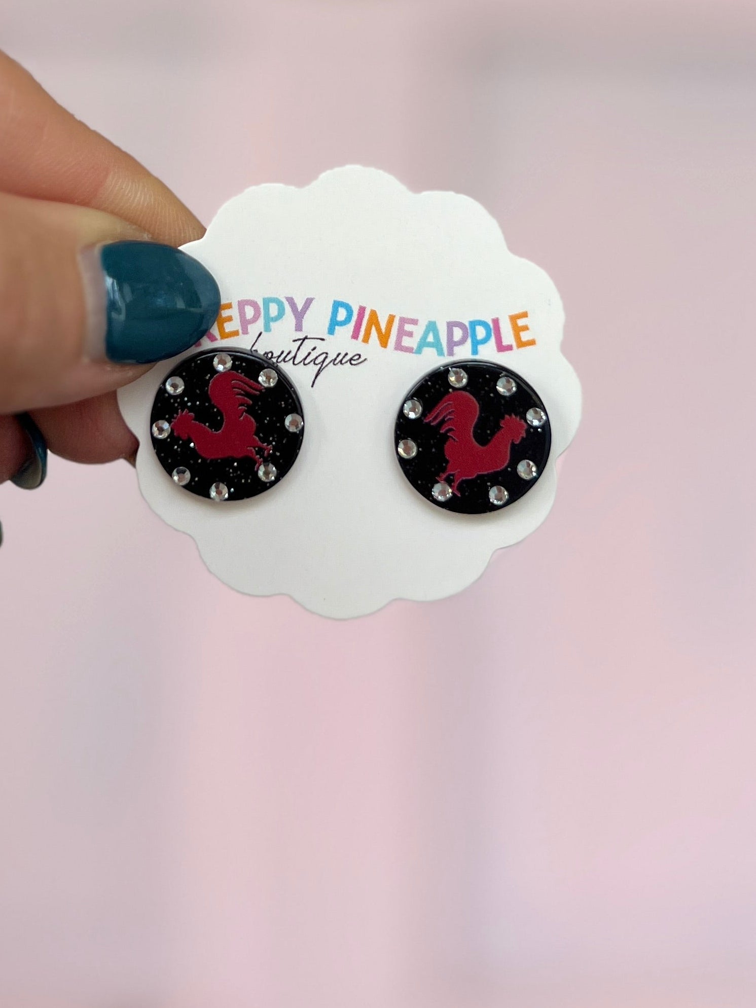 Pave Gamecock football mascot disk earrings with red rooster on black round studs