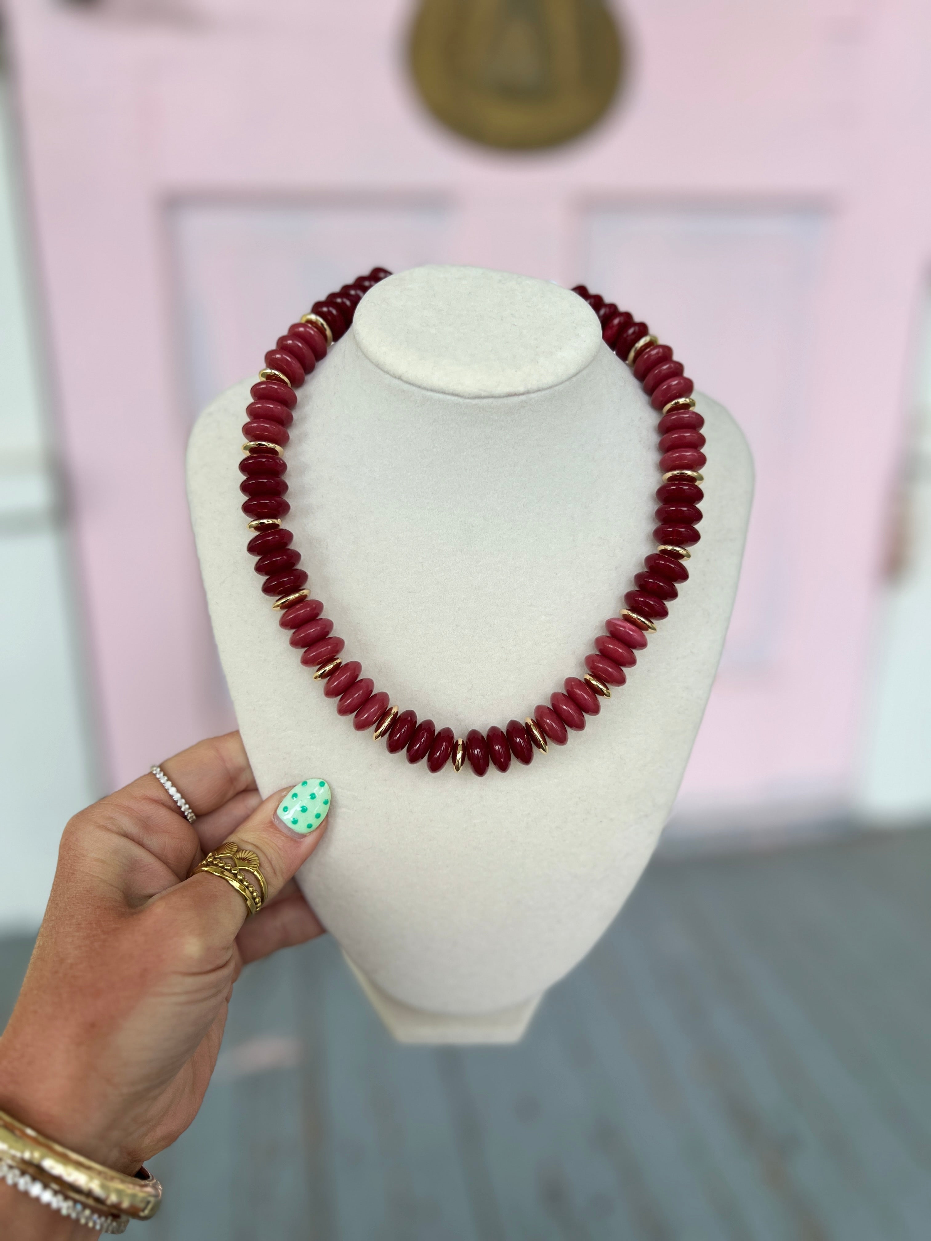 Marbleized Rondelle Stone Necklace - Dark Red