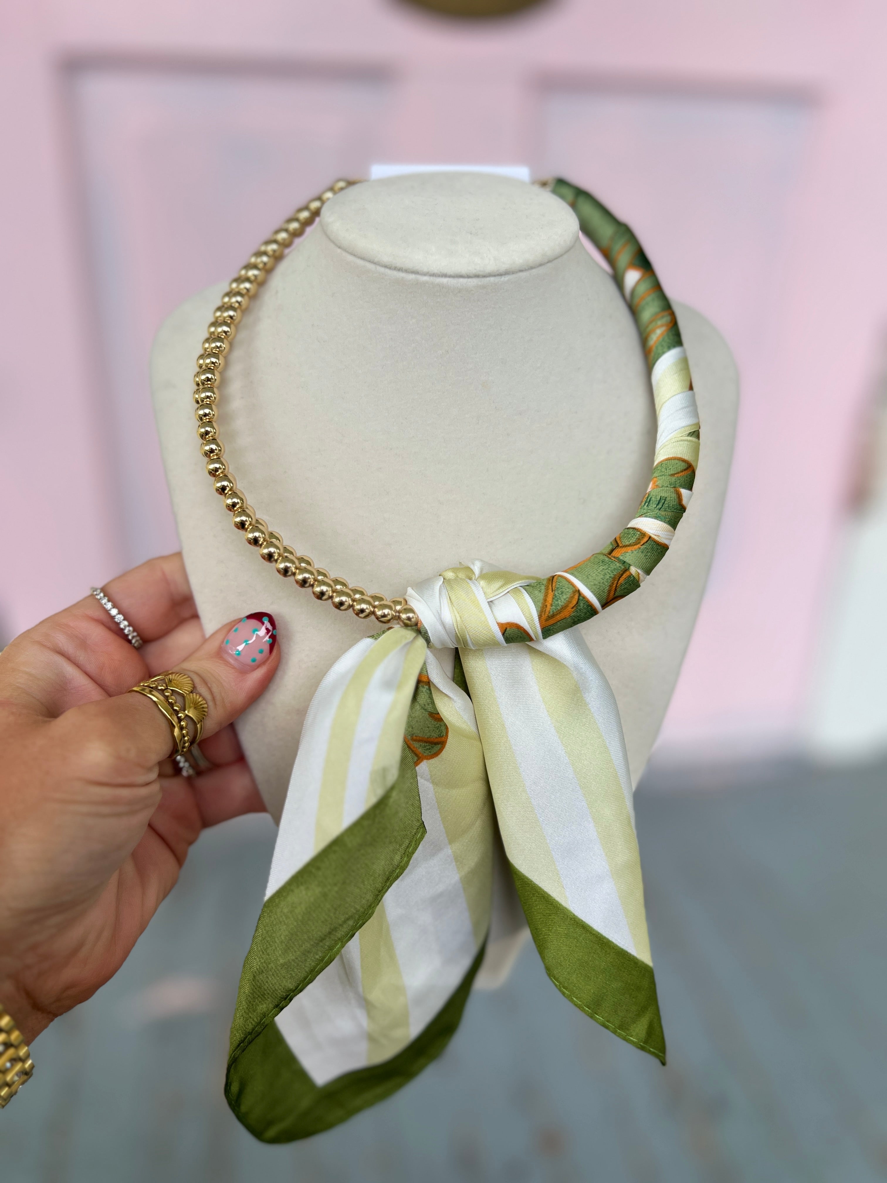 Gold-tone chain scarf-collar necklace with olive green and white striped drape