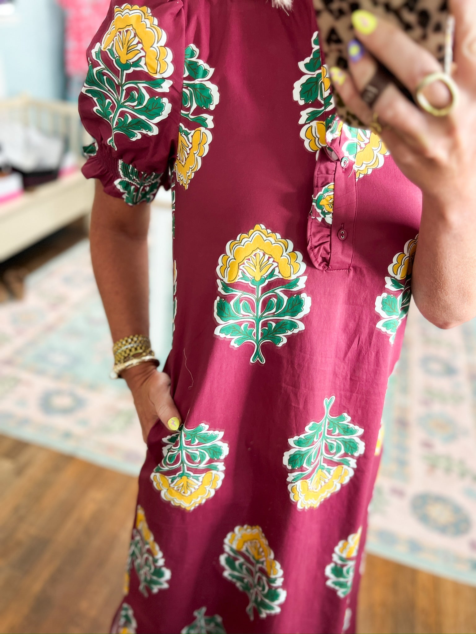 When It All Comes Together Ruffle Collar Midi Dress - Burgundy