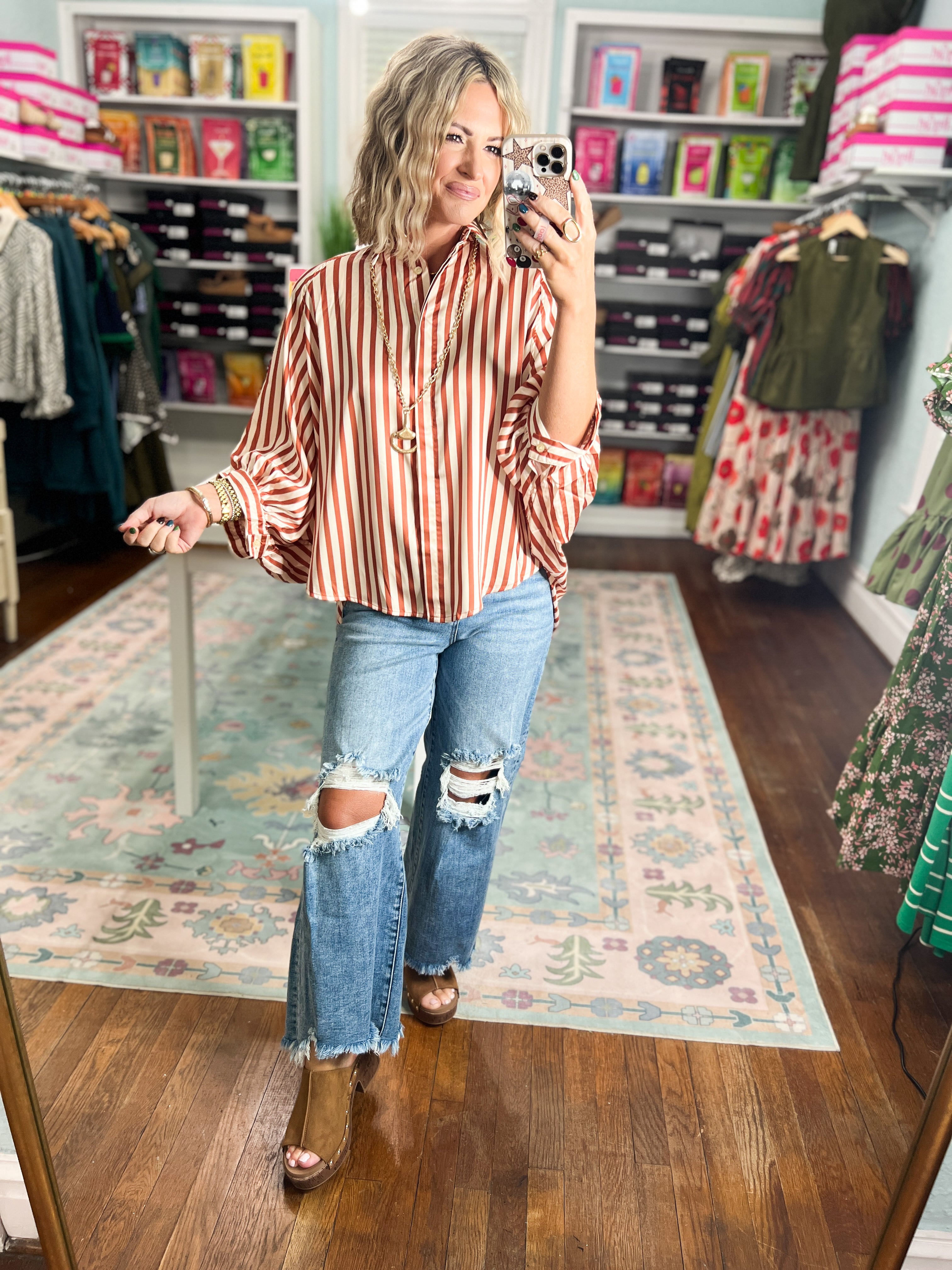 Striped and Styled Button Down Top - Camel