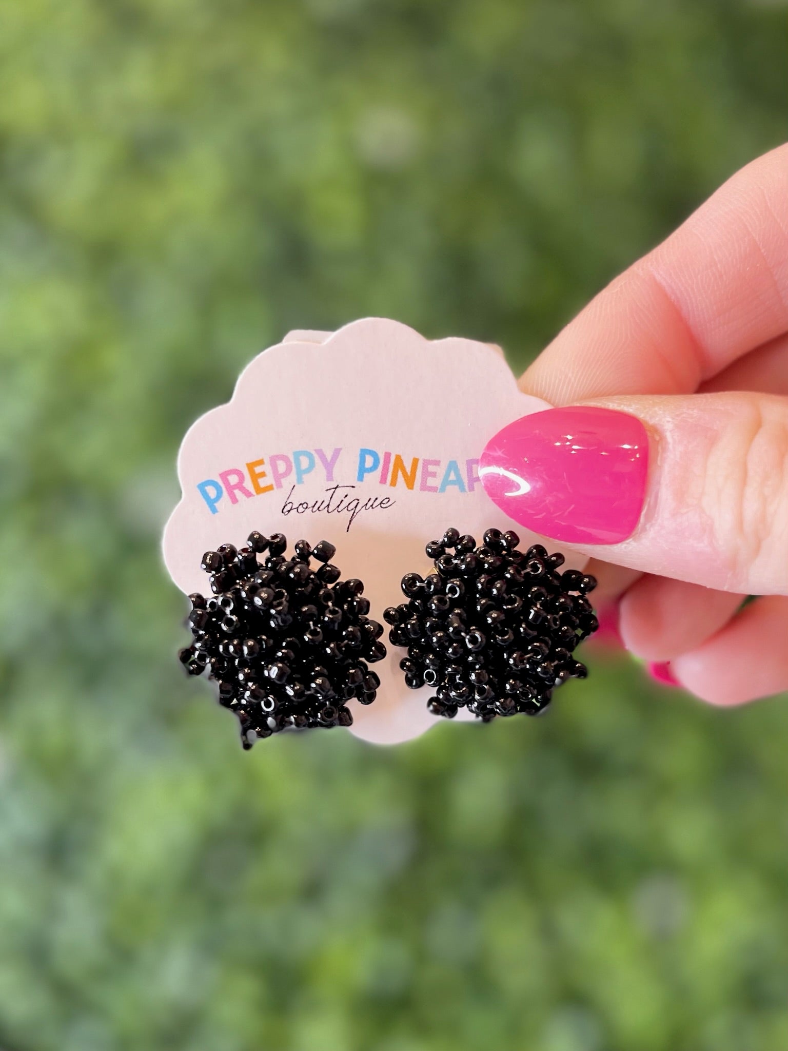 Beaded Pom Pom Earrings - Black