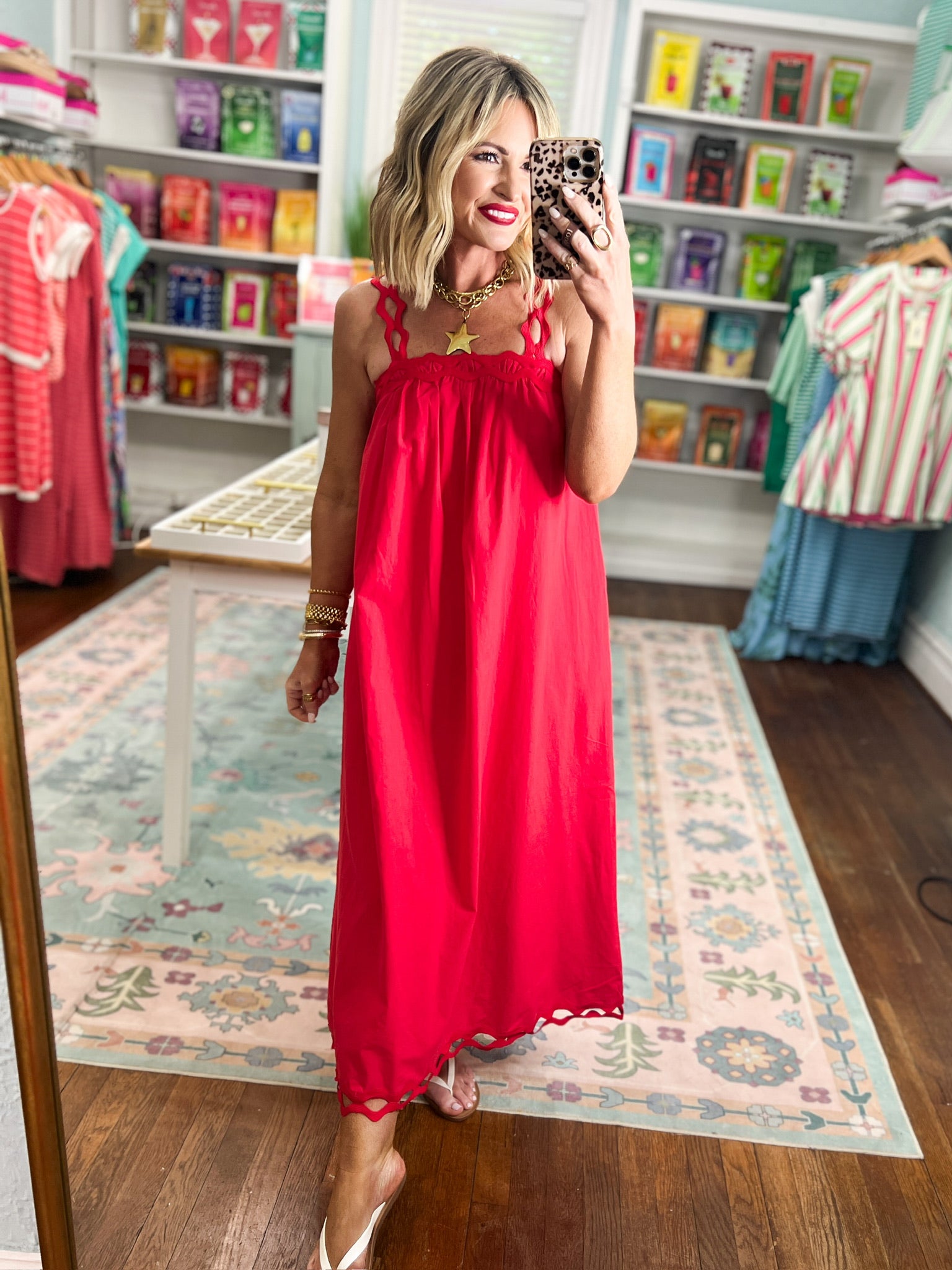 Careful Details Scolloped Strap Midi Dress - Red