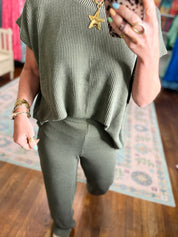 All Day Ease Ribbed Top and Pants Set - Olive