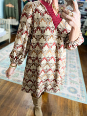 Unmistakably You Geo Floral Shift Dress - Burgundy