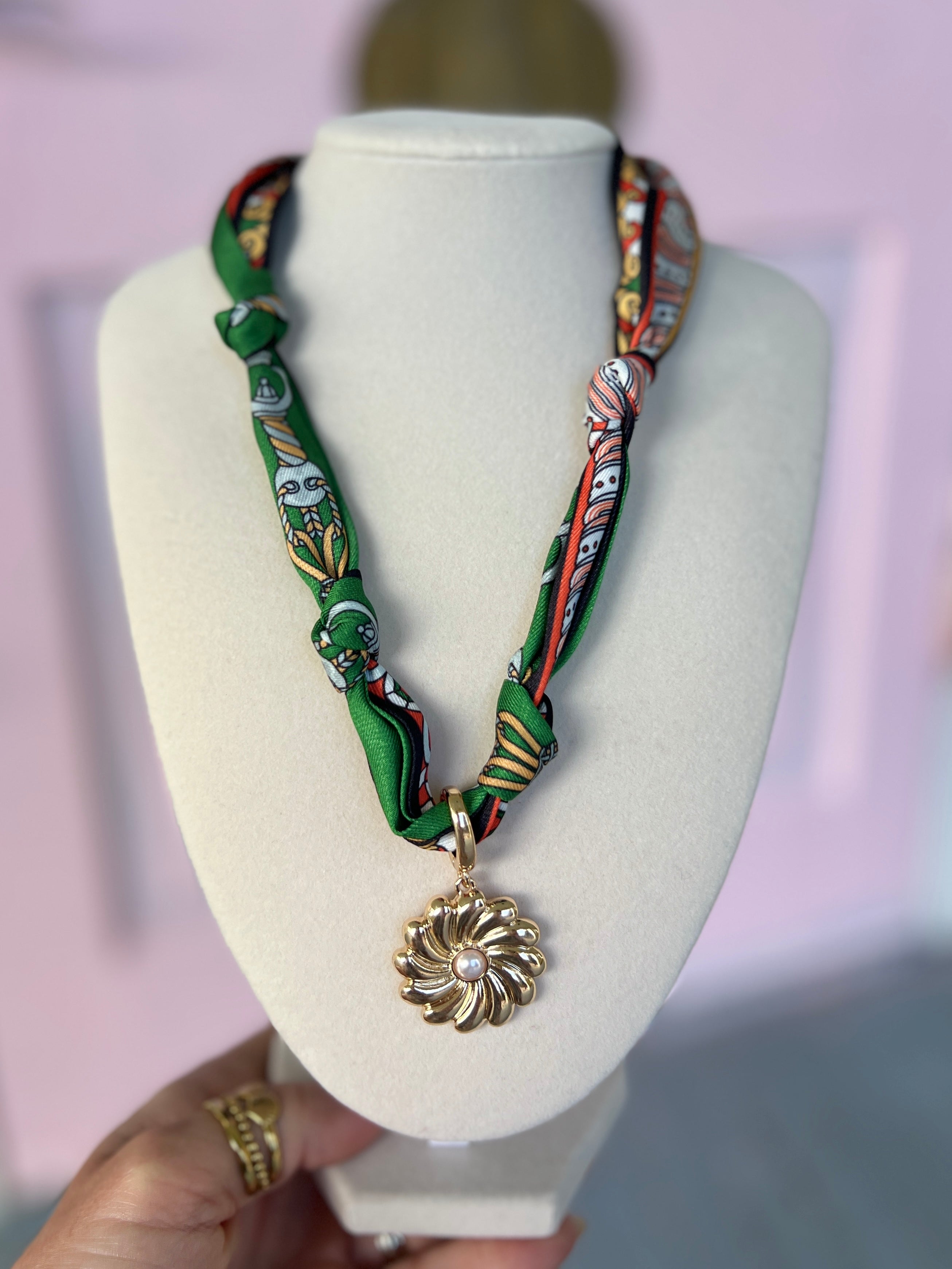 Gertrude Pearl Flower Scarf Necklace - Green/Black/Orange