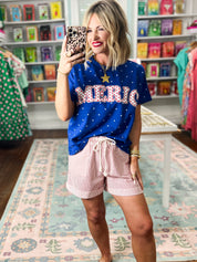 America Patch Polka Dot Knit Top - Blue