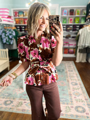 Floral print peplum blouse with short sleeves and bow waist, brown pink and cream