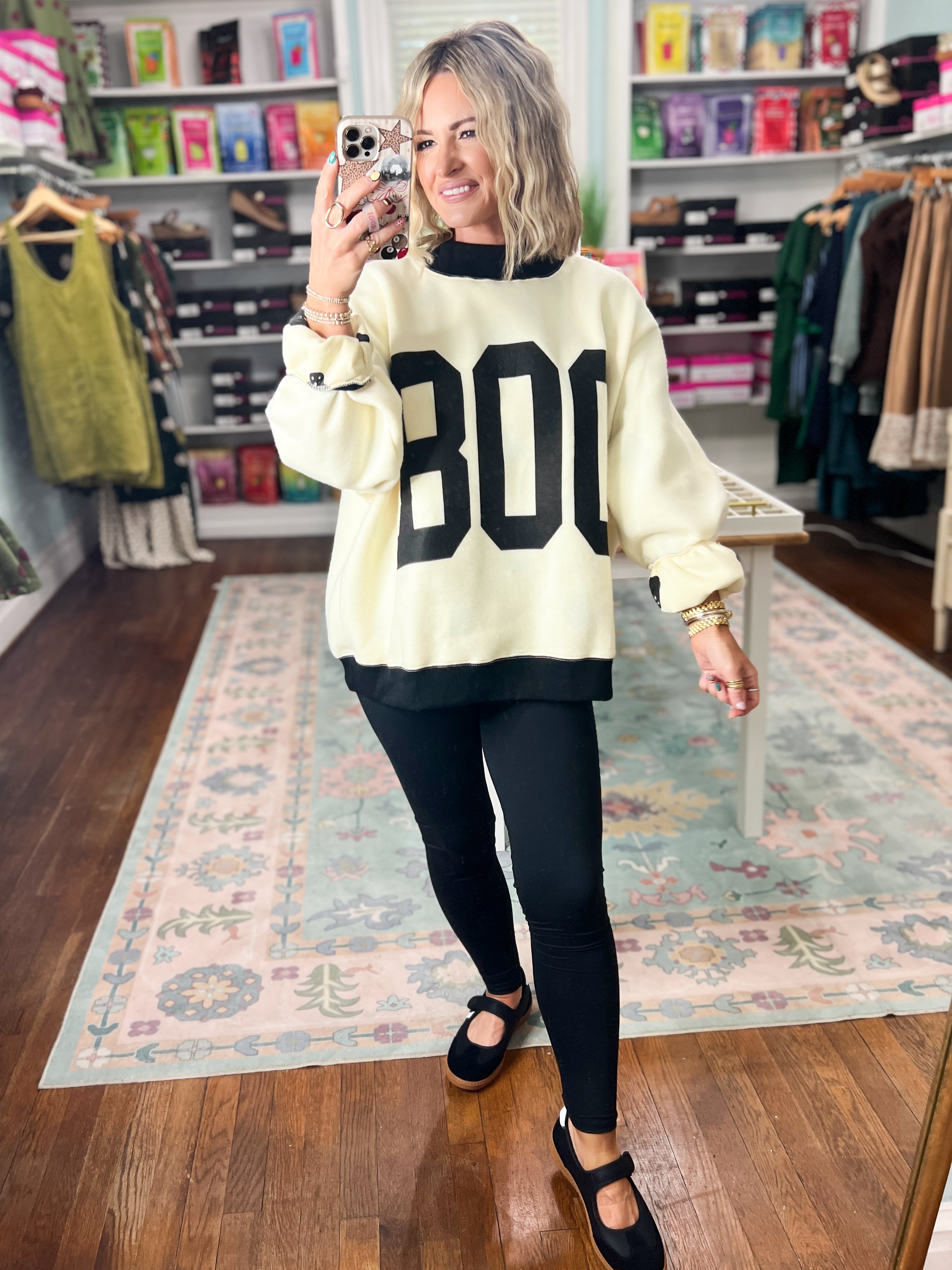 Reversible Boo Printed Fleeced French Terry Mock Neck Sweatshirt