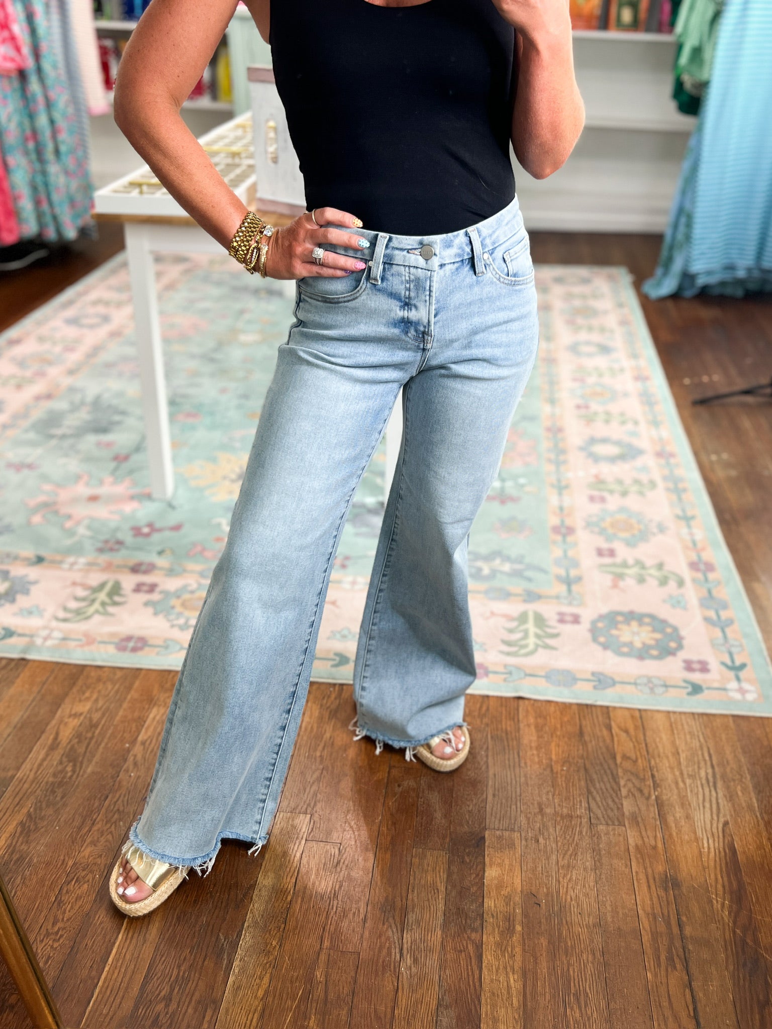 Risen |Tummy Control Low Rise Wide Leg Raw Cut Hem Jeans