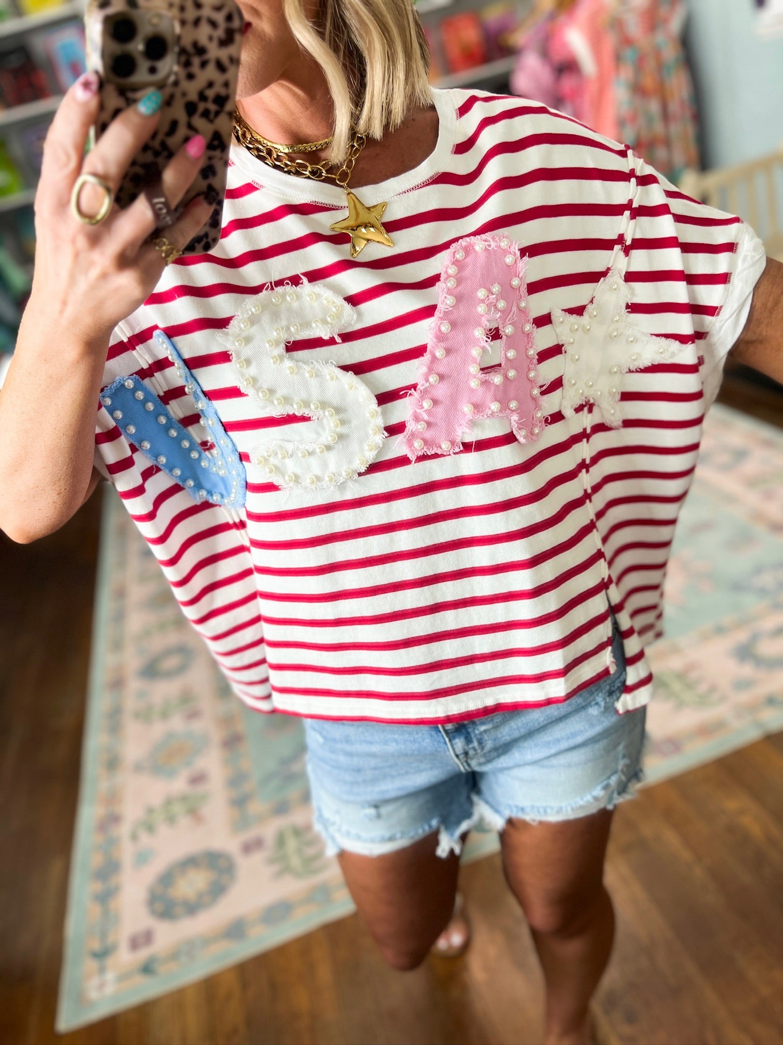 Freedom and Pearls Stripe Top - Red/Ivory