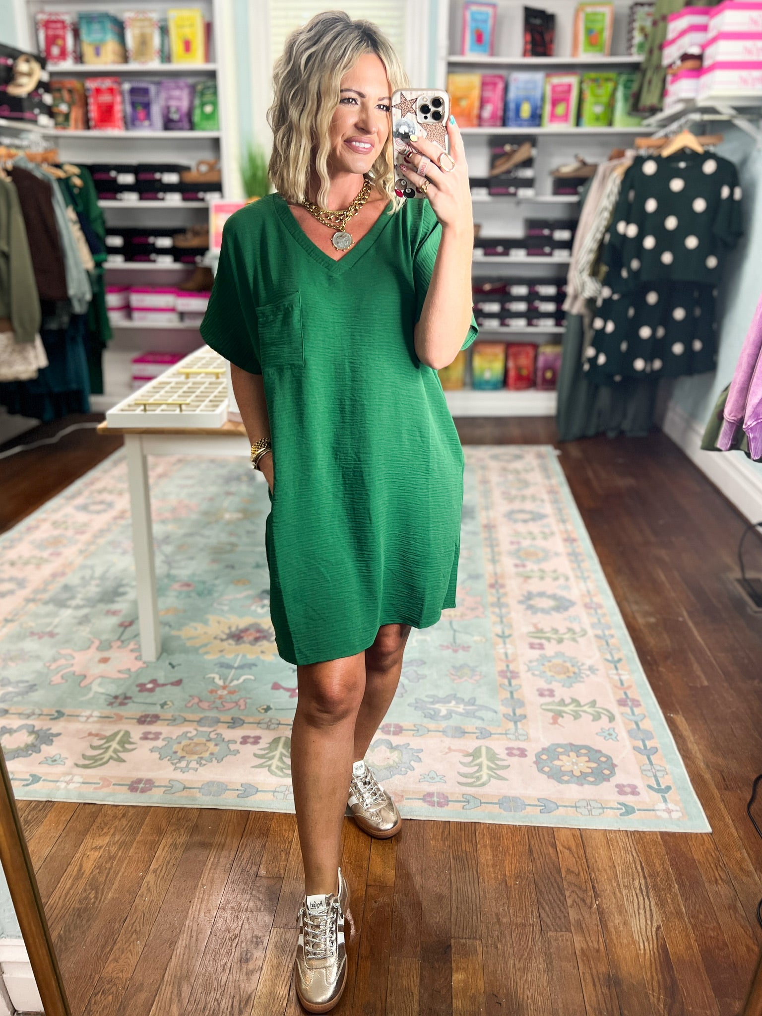 Women’s dark green woven V-neck shift dress, short sleeves, relaxed above-knee fit
