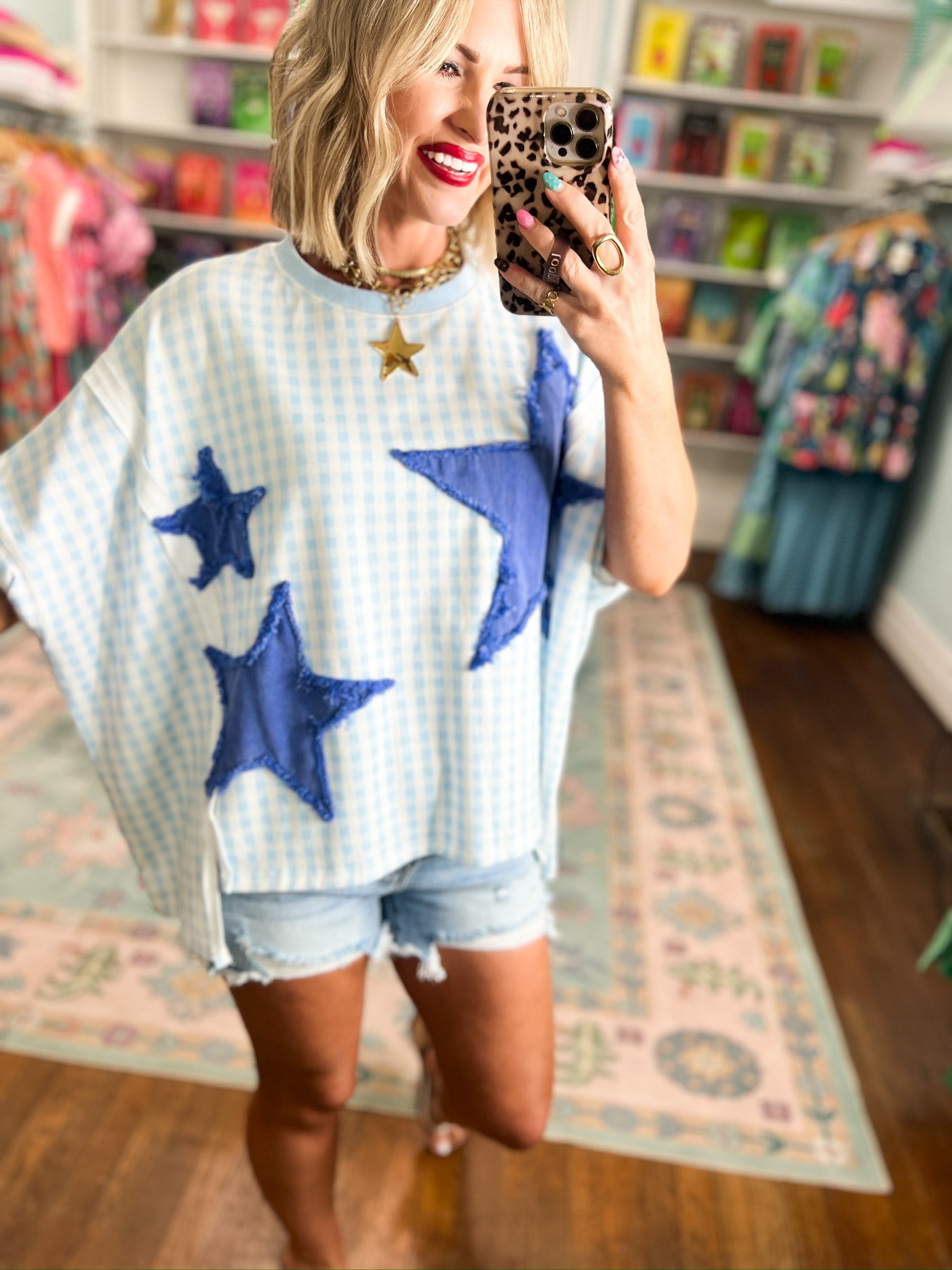 Firecracker Picnic Dolman Sleeve Top -Lt.Blue/Royal