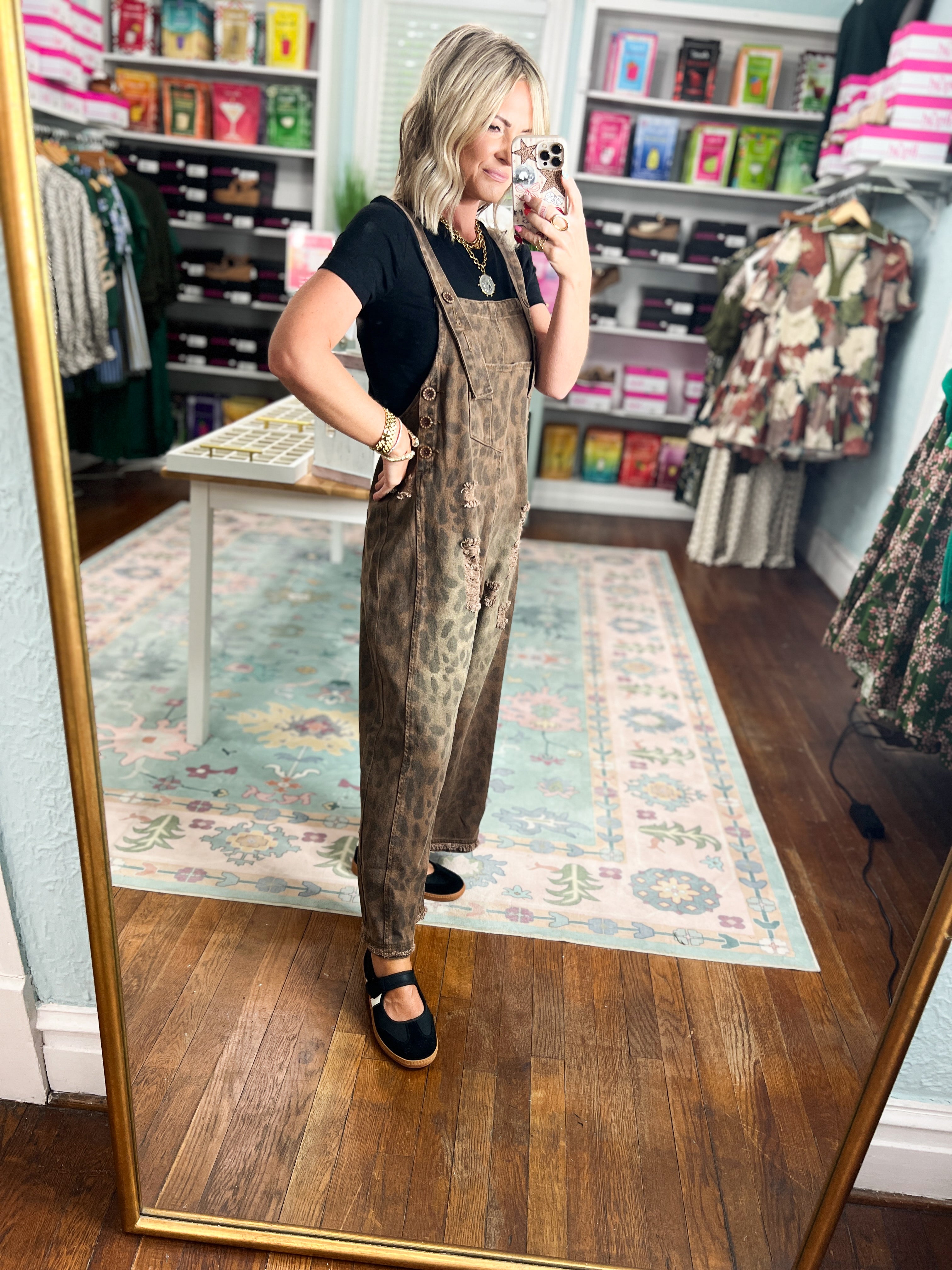 Feline Fine animal-print denim overalls, sleeveless bib front, wide straight legs
