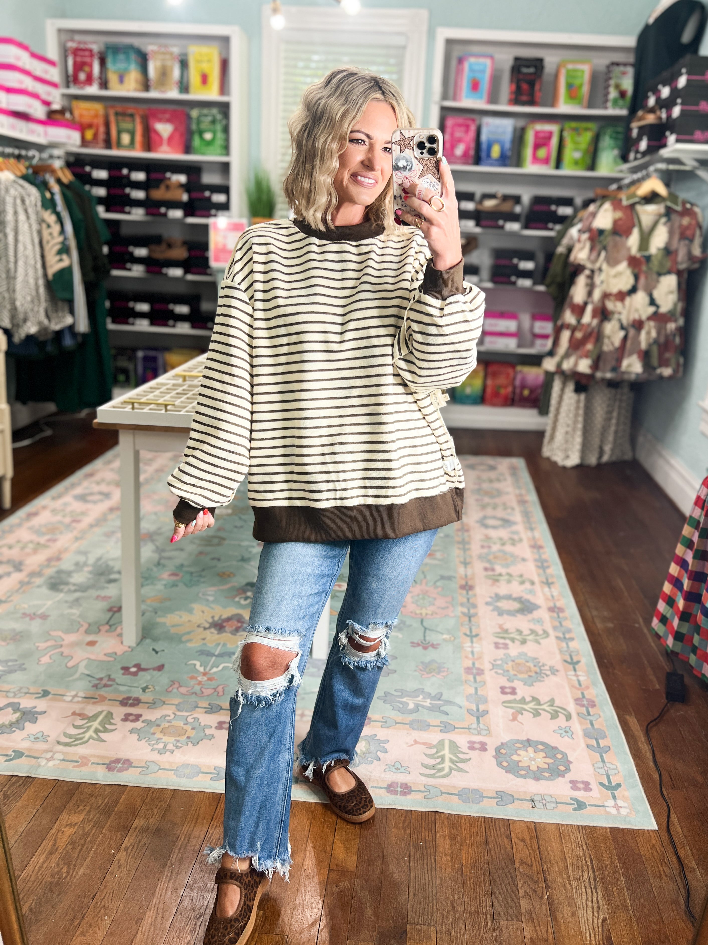Reversible mock neck sweatshirt, brown-and-ivory striped long sleeves and cropped hem