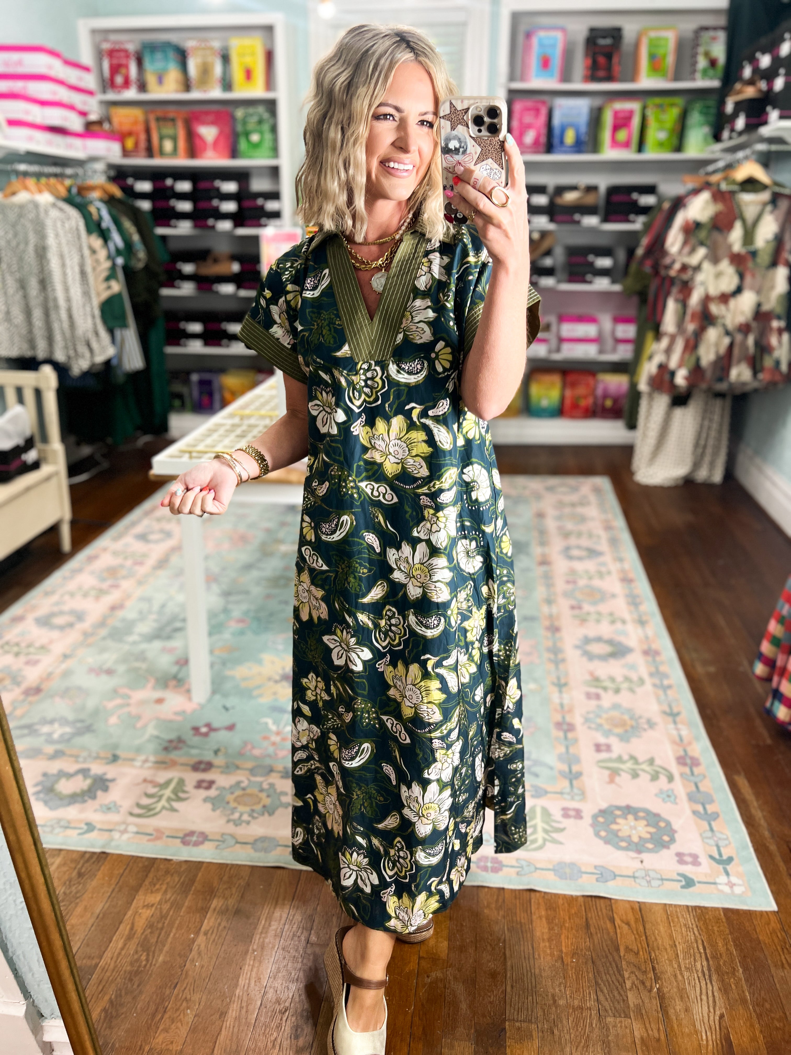 Think Pretty Floral Midi Dress - Teal Green