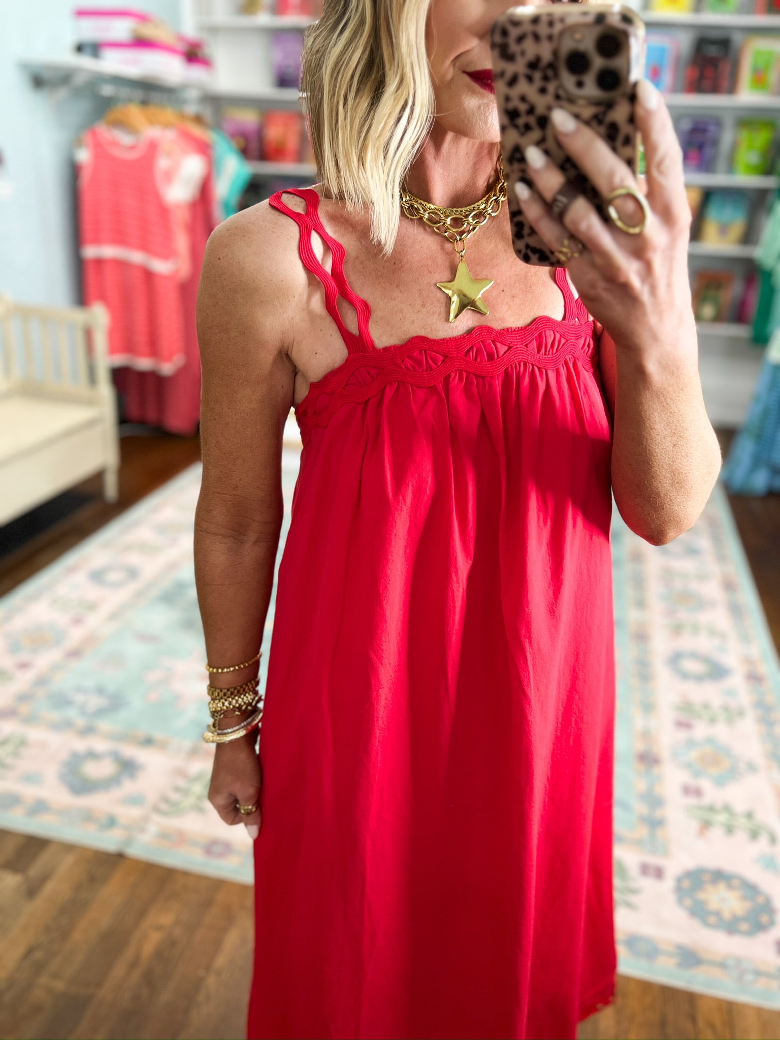 Careful Details Scolloped Strap Midi Dress - Red