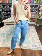 Risen| High Rise Crop Barrel Polka Dot Embroidery Jeans