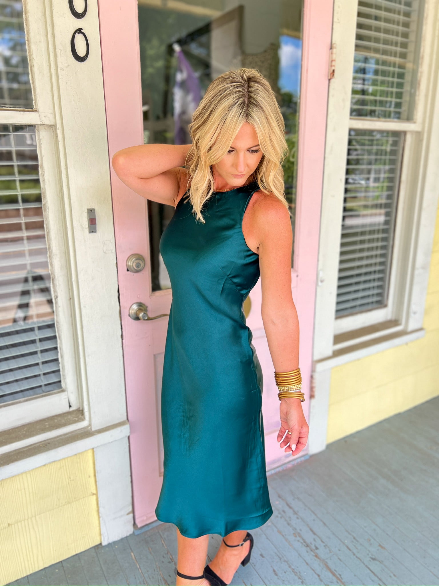 Glamorous Moments Satin Midi Dress - Dark Green