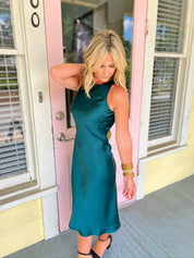 Glamorous Moments Satin Midi Dress - Dark Green