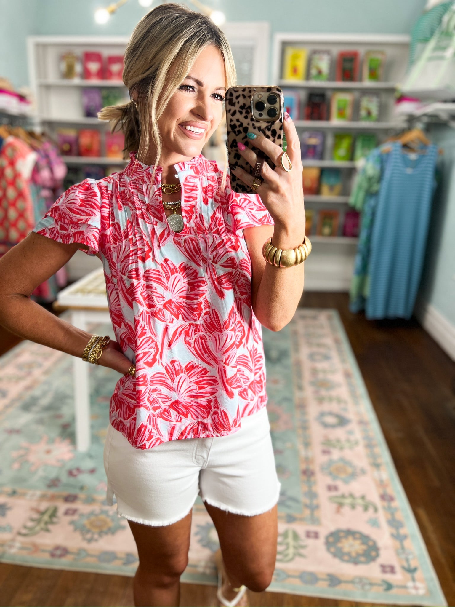 Sunset Hibiscus Floral Print Top - Red