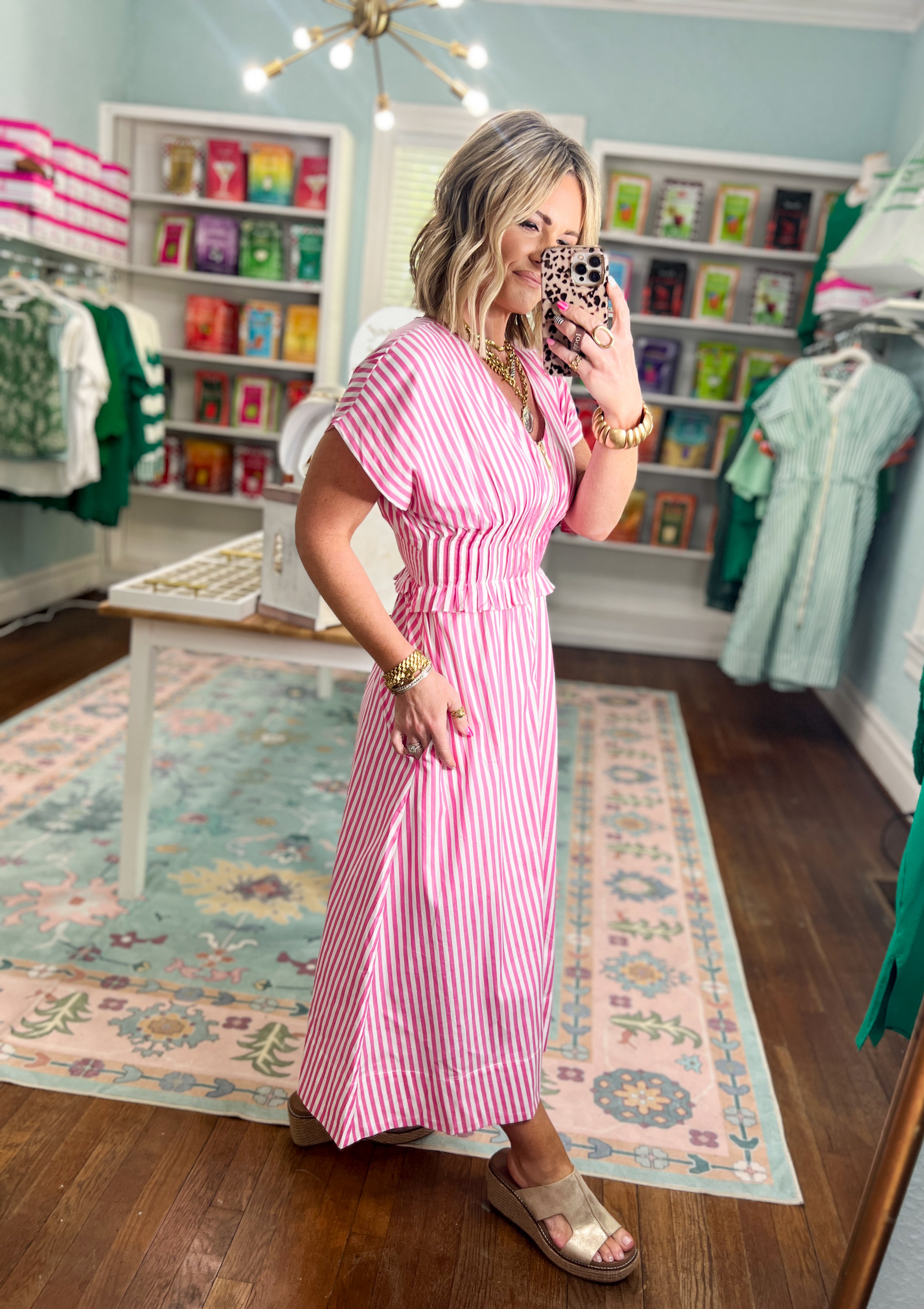 Seaside Striped Zip Midi Dress - Pink