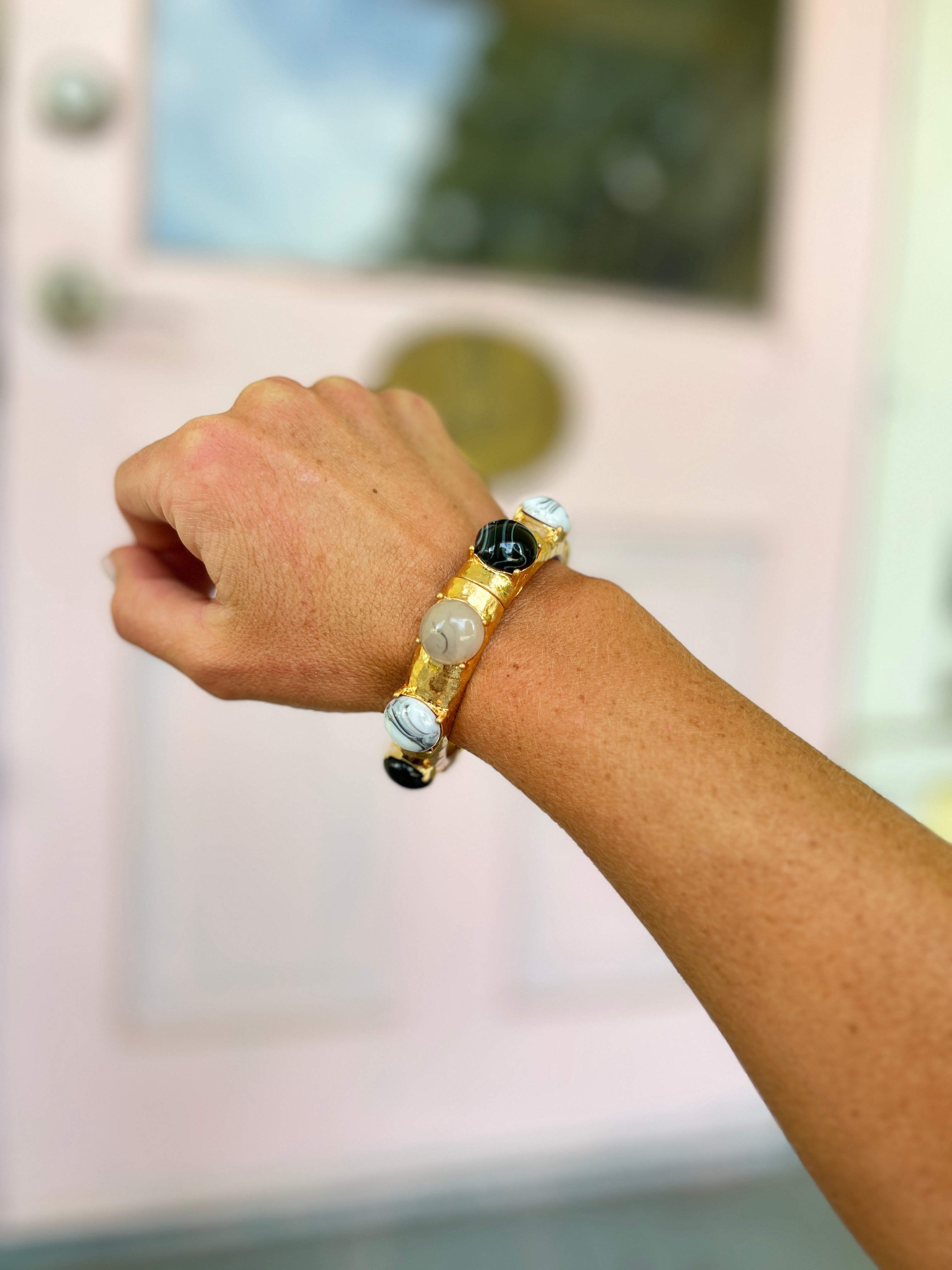 Stone Studded Bangle - Howlite/Gold