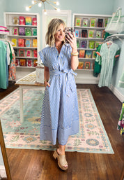 Let's Meet Later Striped Midi Dress - Blue
