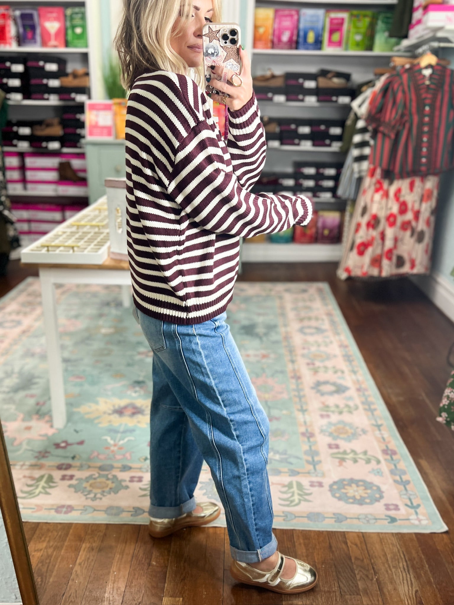 Just Right Striped Crew Neck Sweater - Dk. Cherry