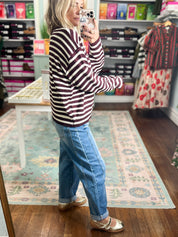 Just Right Striped Crew Neck Sweater - Dk. Cherry
