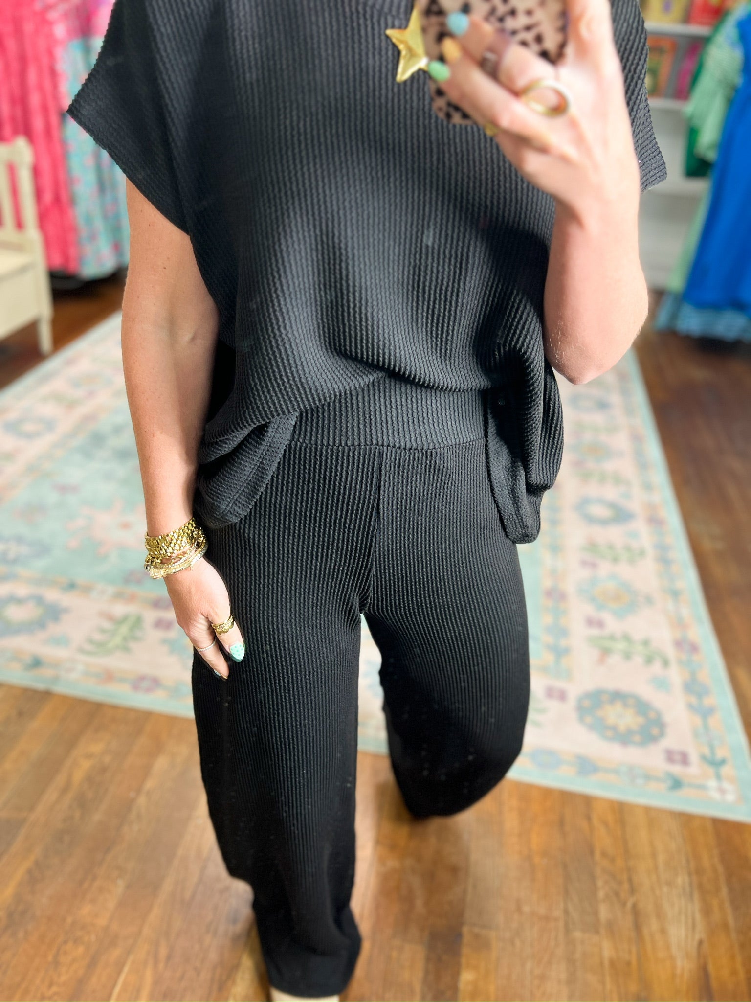 All Day Ease Ribbed Top and Pants Set - Black