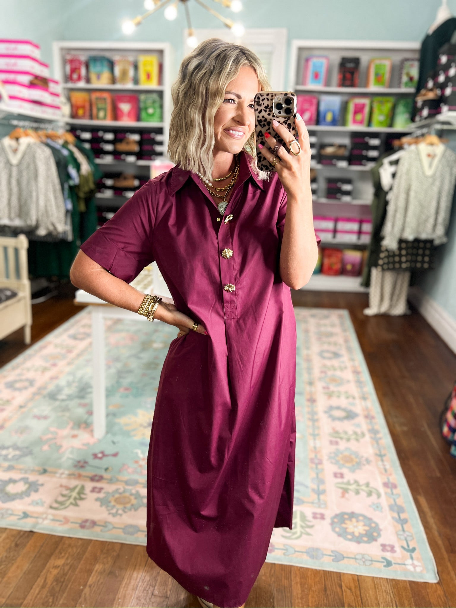 Wine midi dress with button front, short sleeves, and gathered skirt detail