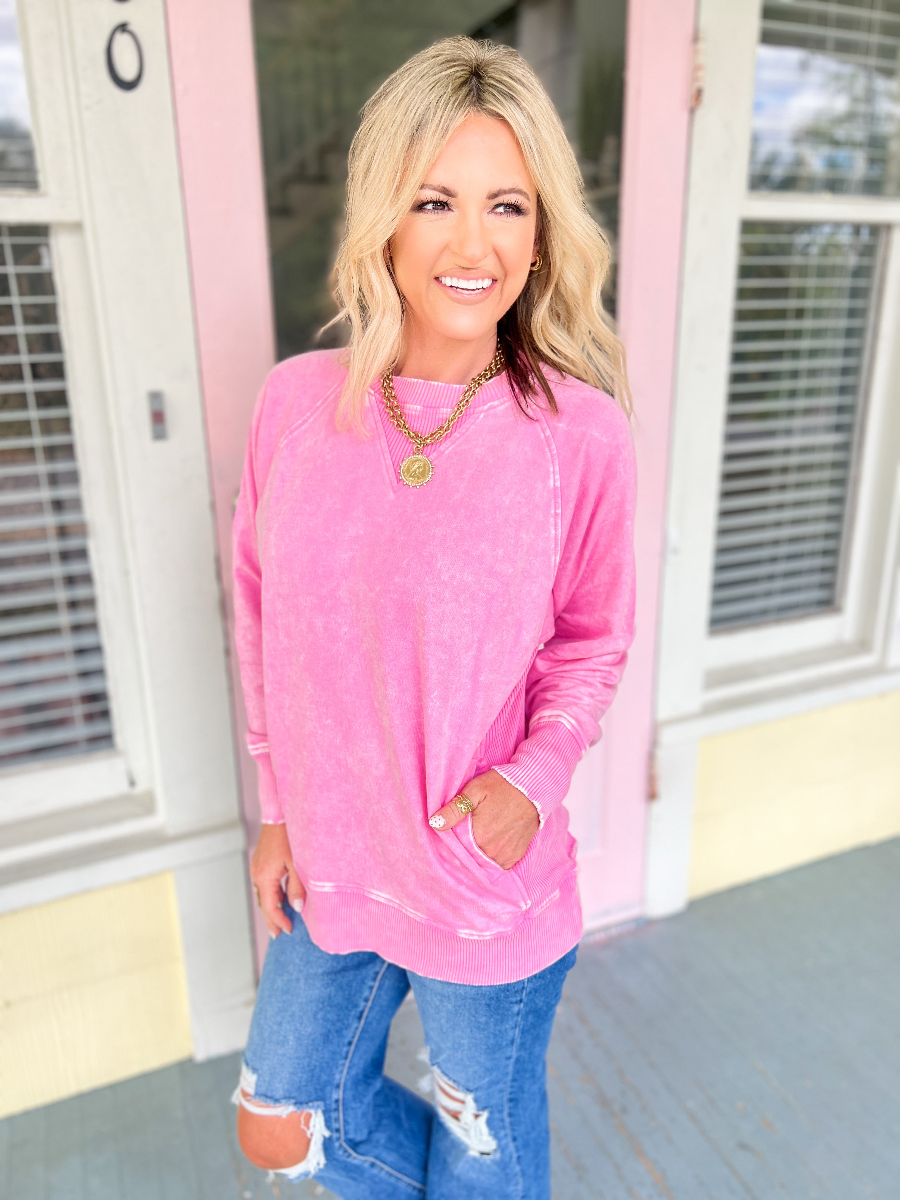 Carefree Charm French Terry Pullover - Candy Pink