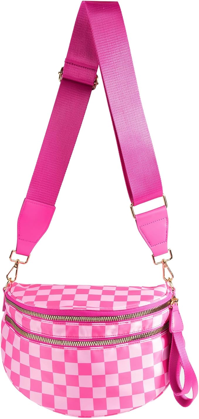 Checkered Nylon Crossbody Bag Bum Bag - Hot Pink