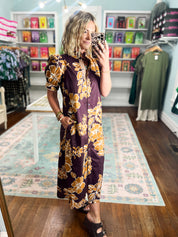 Golden Petals Floral Print Midi Dress
