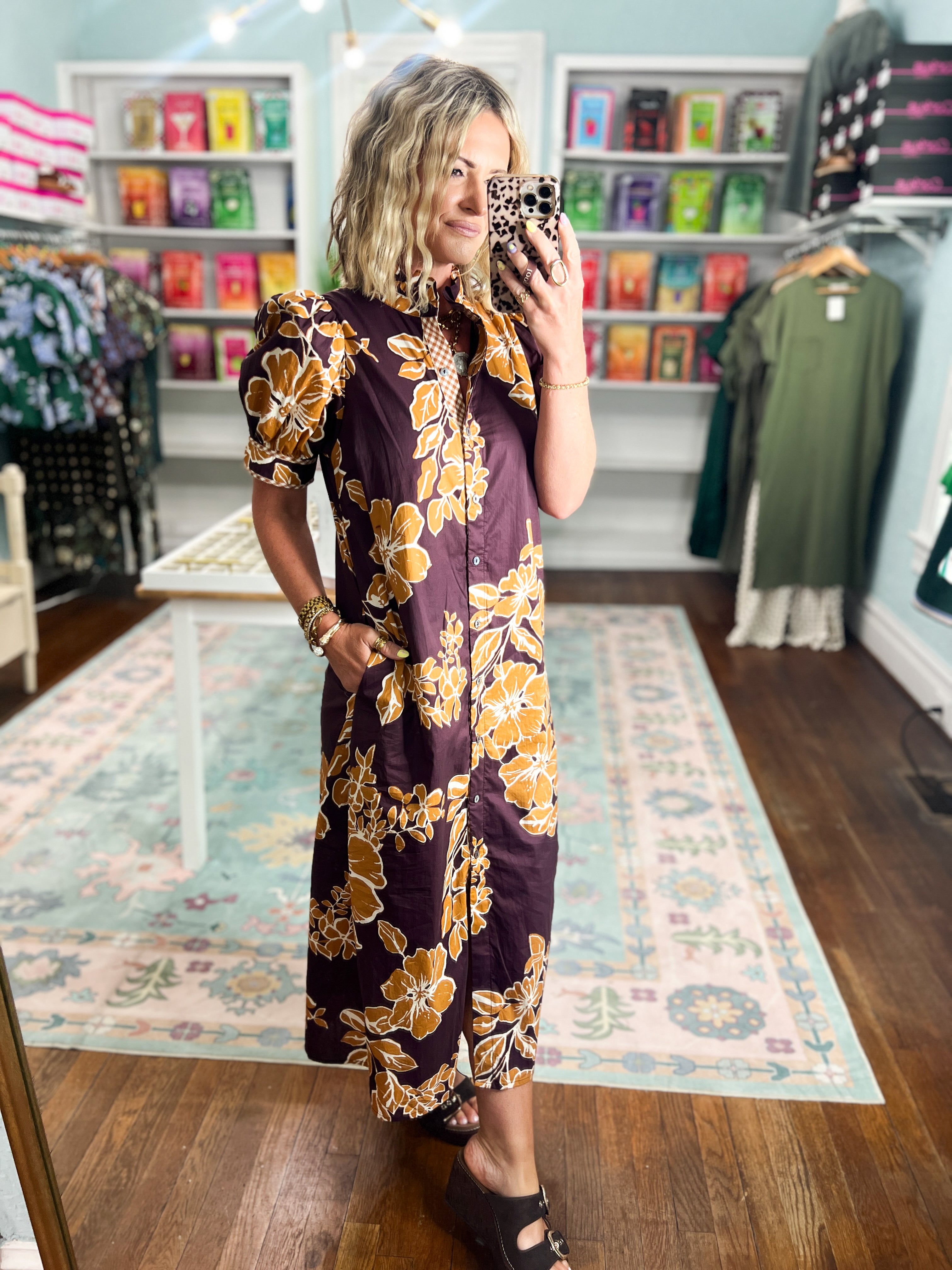 Golden Petals Floral Print Midi Dress