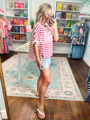 Freedom and Pearls Stripe Top - Red/Ivory