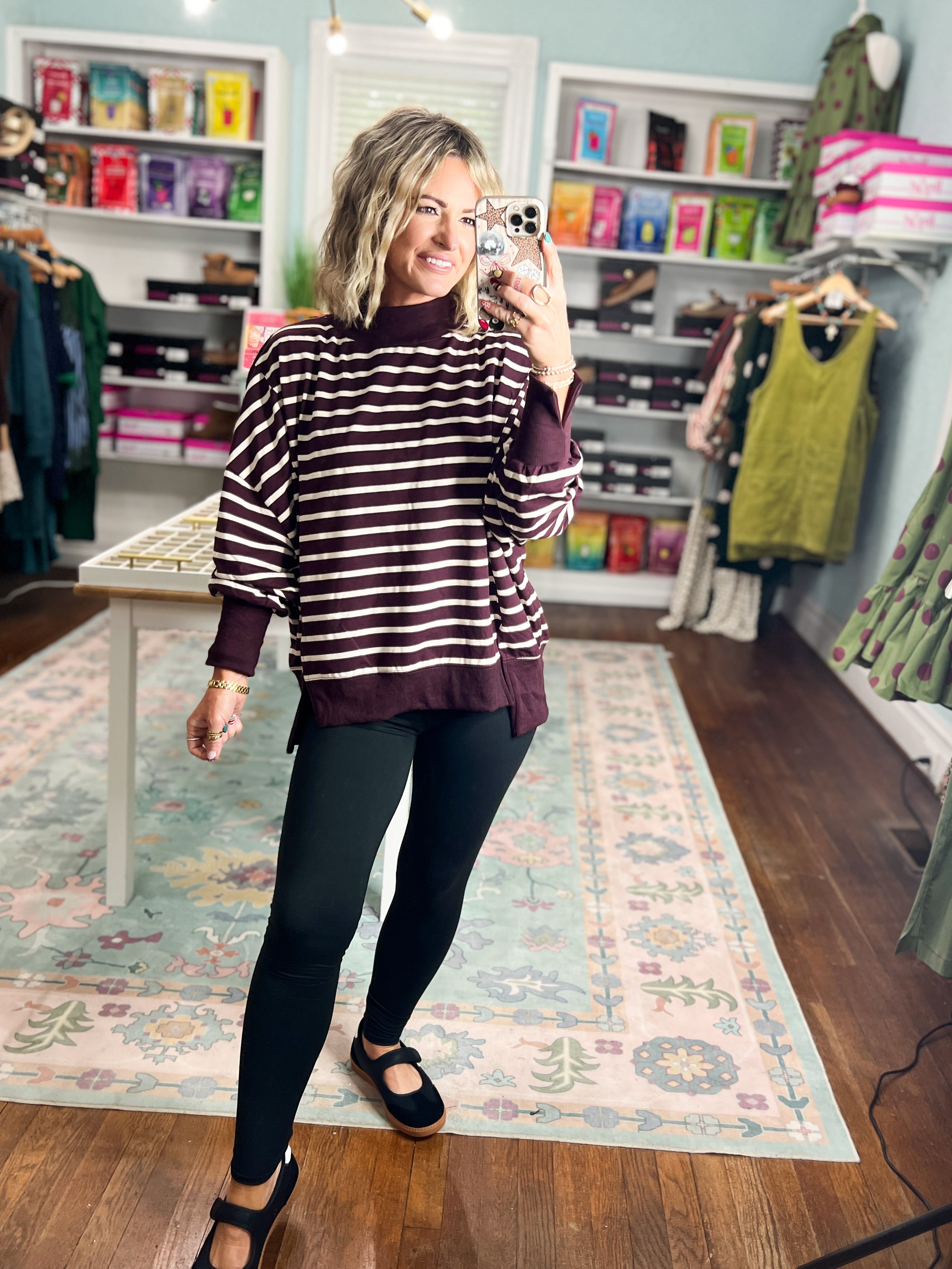 One of Those Days Striped Mock Neck Sweatshirt - Raspberry/Ecru