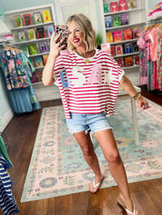Freedom and Pearls Stripe Top - Red/Ivory